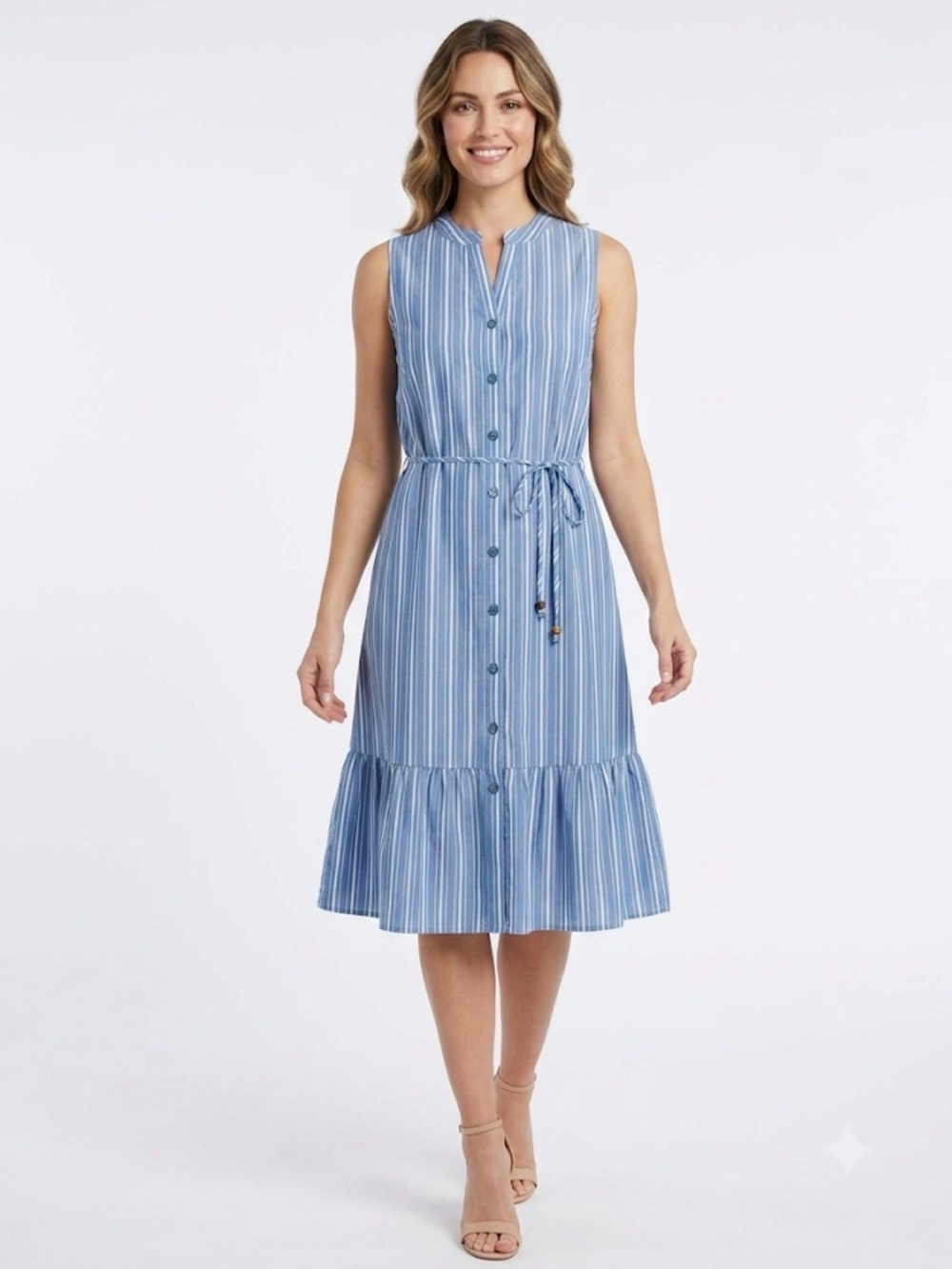 Nina Leonard Blue White Striped Sleeveless Tie Waist Button Front Dress M